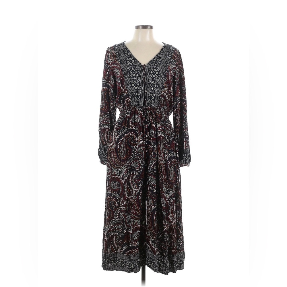 Knox Rose Black & Burgundy Paisley V-Neck Long Sleeve Maxi Dress 100% Rayon